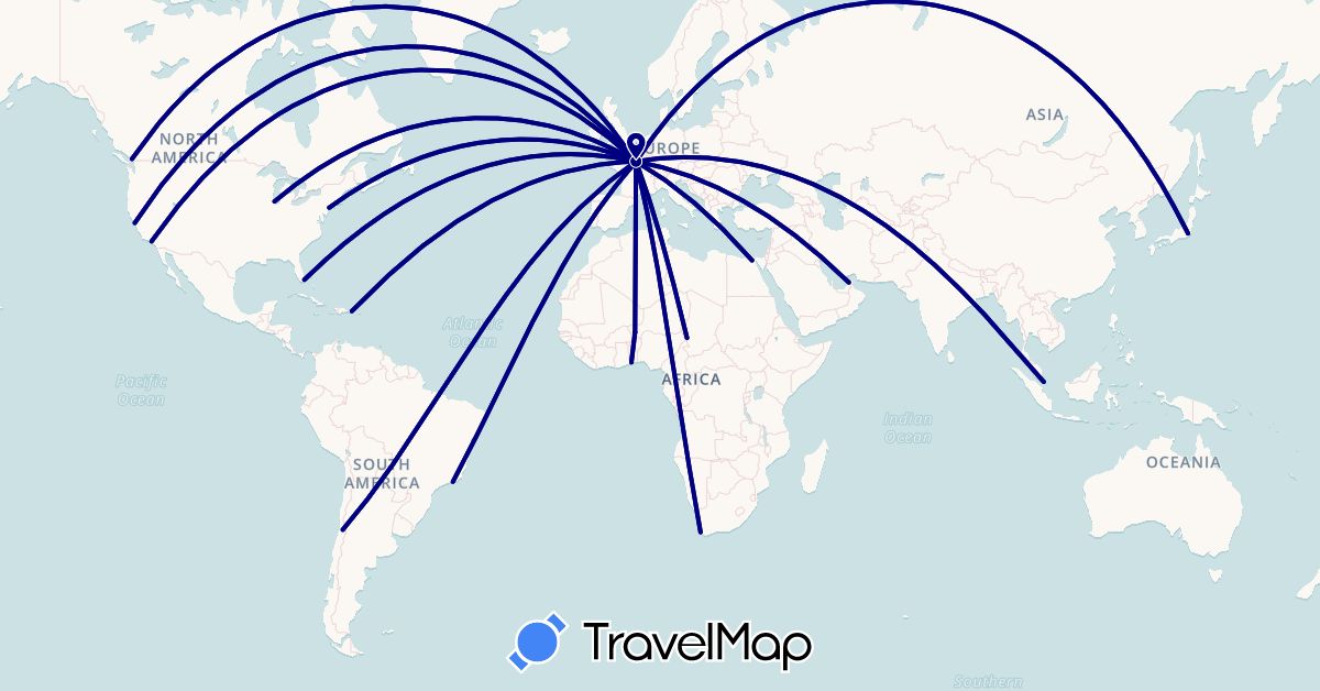 TravelMap itinerary: driving in United Arab Emirates, Brazil, Canada, Chile, Dominican Republic, Egypt, France, Japan, Niger, Singapore, Chad, Togo, United States, South Africa (Africa, Asia, Europe, North America, South America)